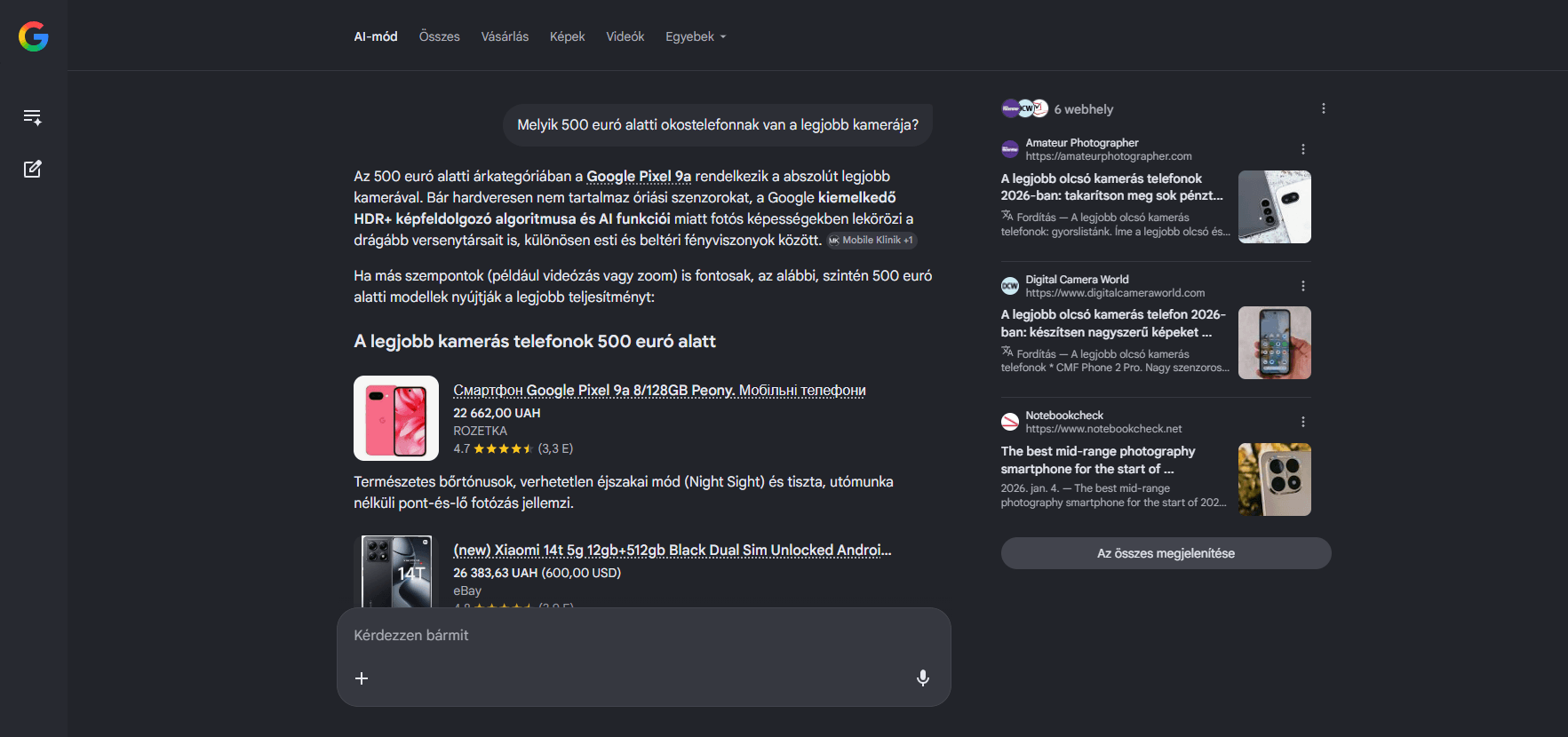 Google AI mode konkrét termék