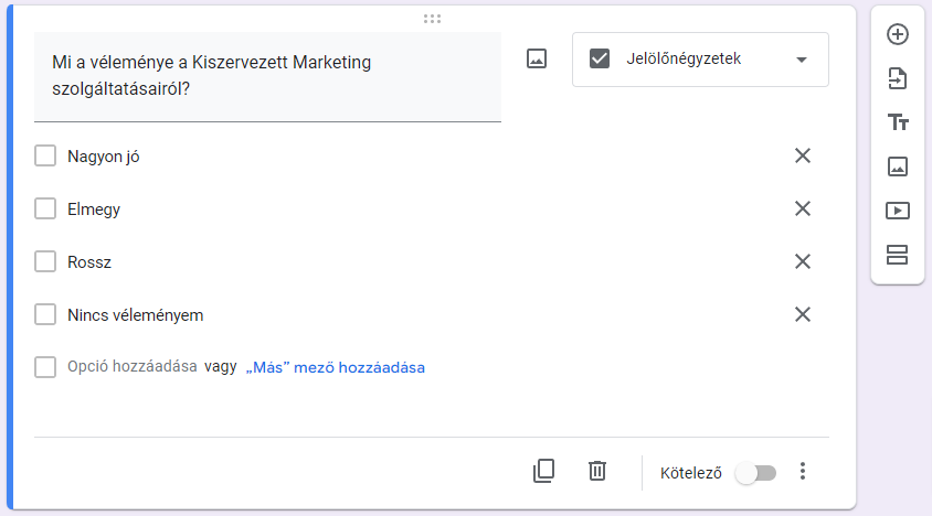 Google Kérdőív jelölőnégyzetek
