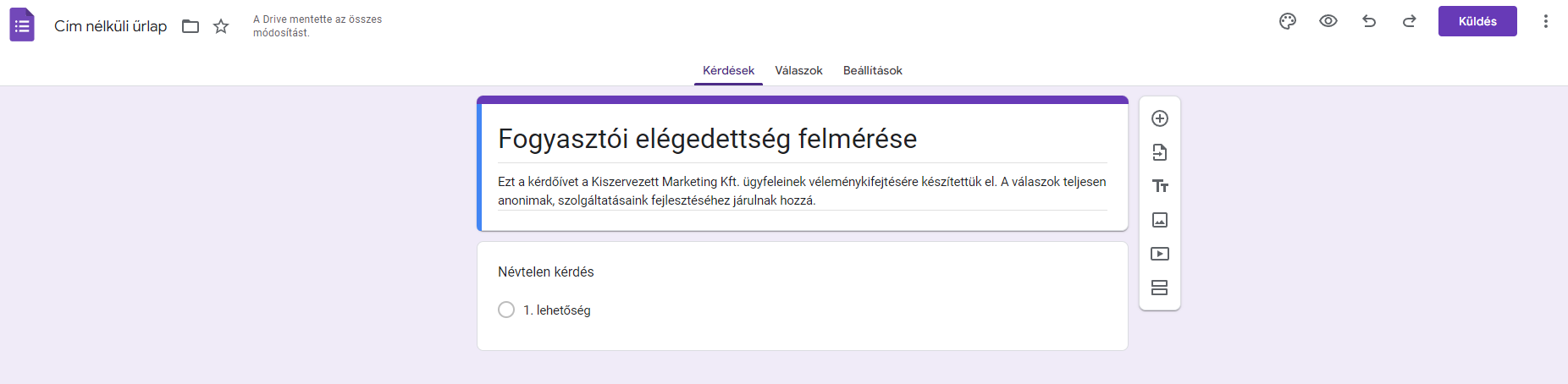 Google kérdőív hozzáadása