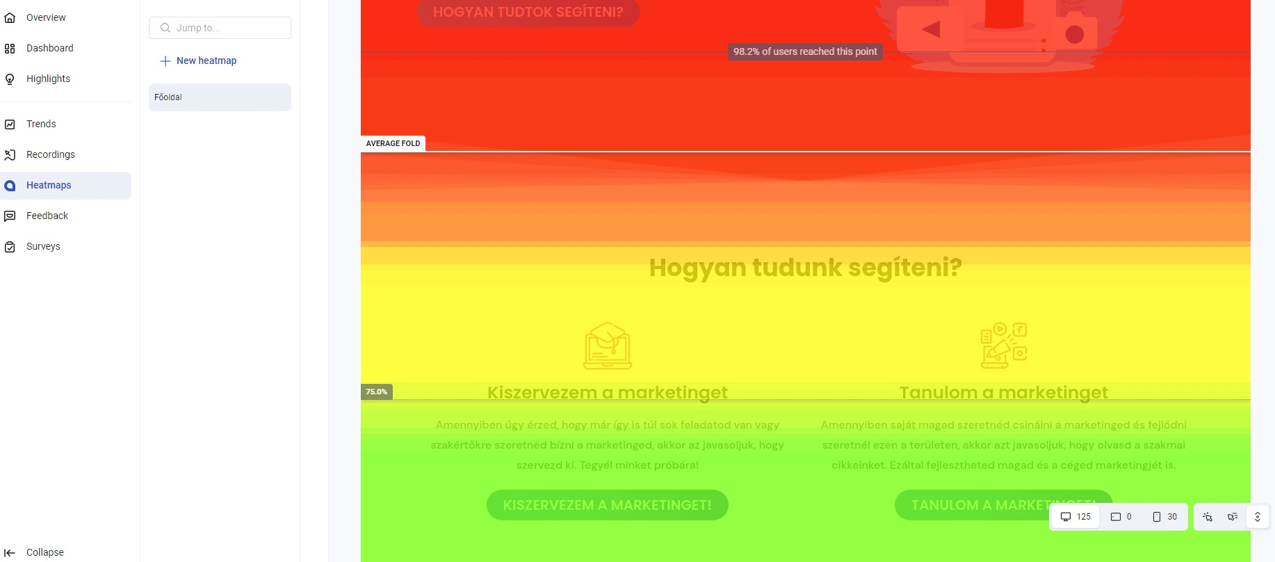 Görgetés alapján készült Hotjar hőtérkép